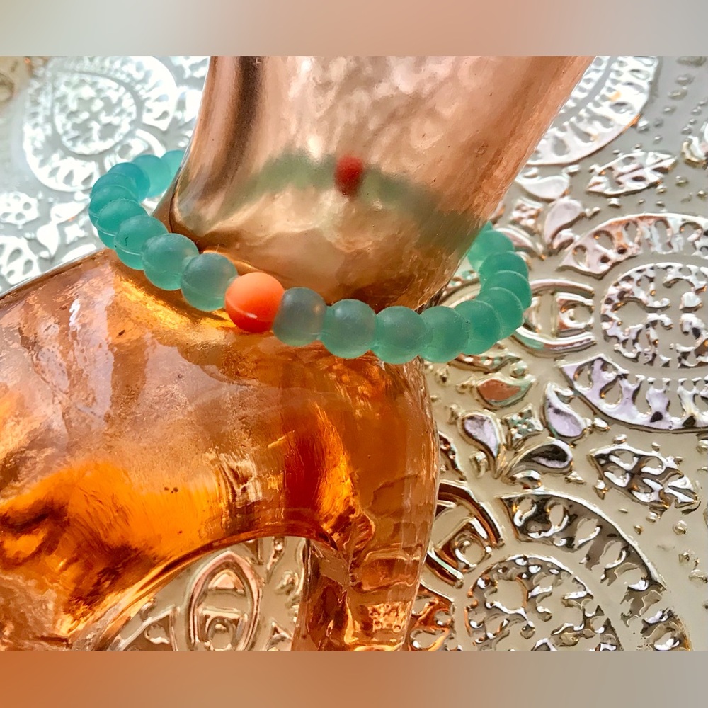 2/$10 Recycled Plastic Round Ball Bead Shape Aqua Blue Orange Bracelet Bangle